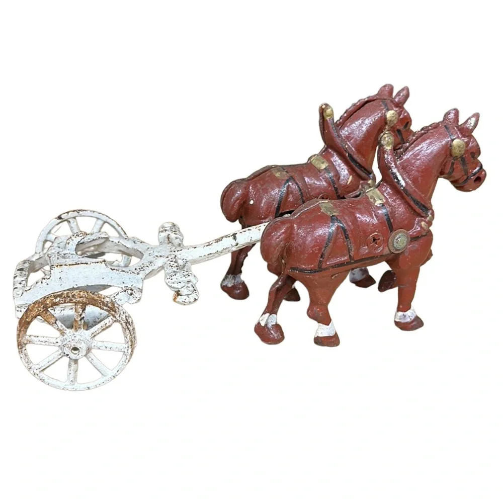 Vintage Cast Iron Clydesdale Beer Wagon Metal Horse Drawn Cart Wagon 9” x 4”